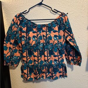 Blue Tassel Women’s Medium Vibrant Floral Blouse - Teal and Peach